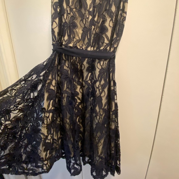 Navy Blue & Cream Lace Dress with Side Tie - Picture 4 of 7